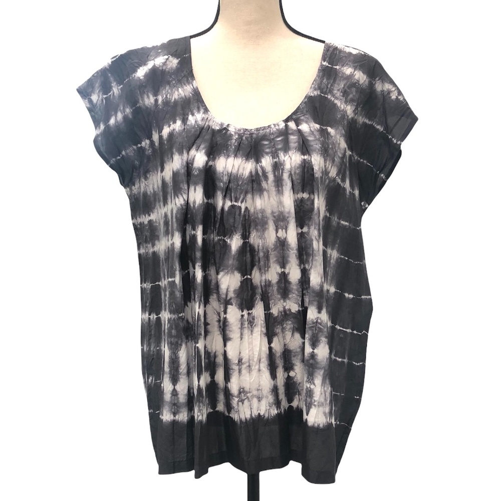 CALVIN KLEIN SILK GRAY & WHITE STRIPED TIE DYE CRINKLE TUNIC